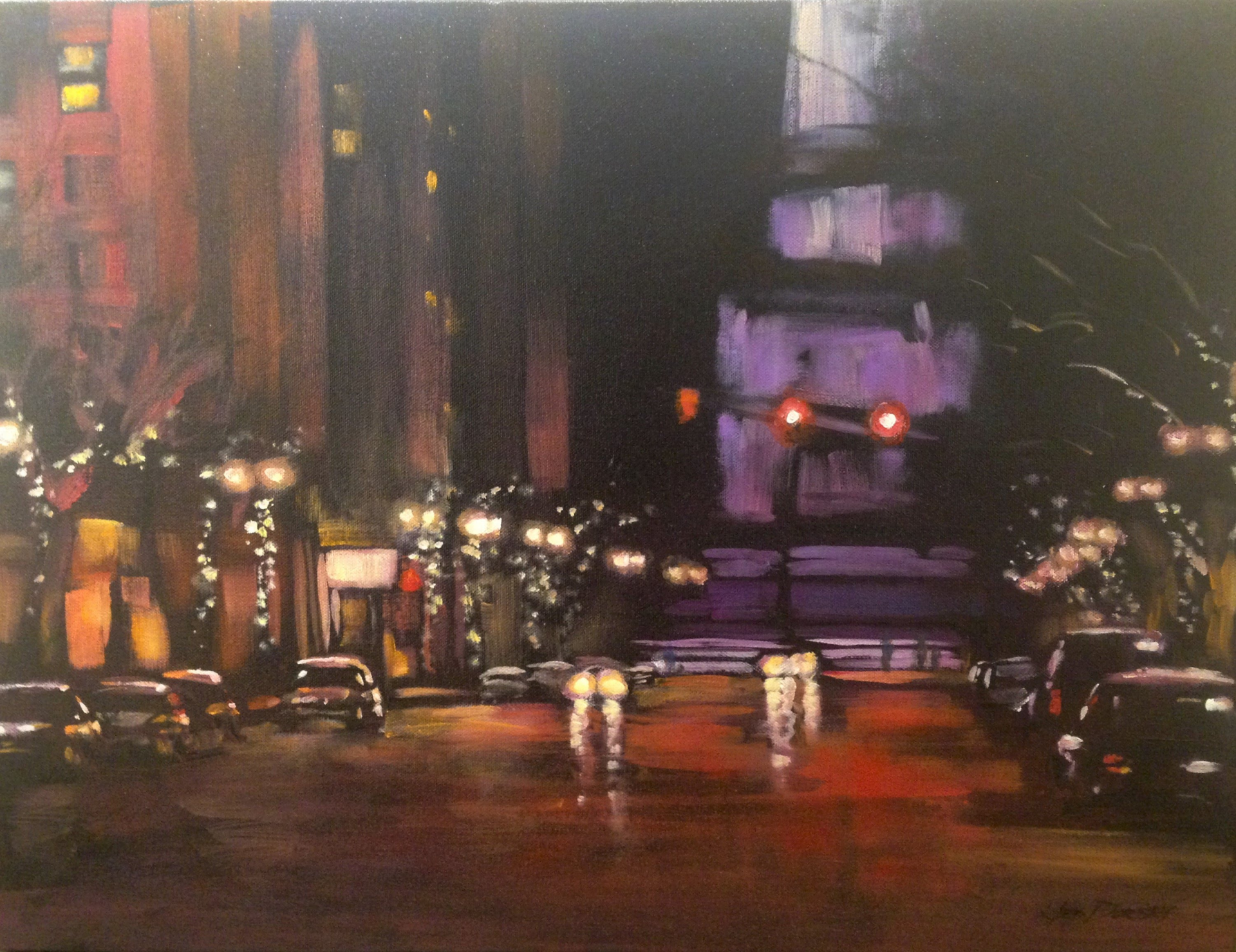 acrylic painting of a rainy night, city lights and cars