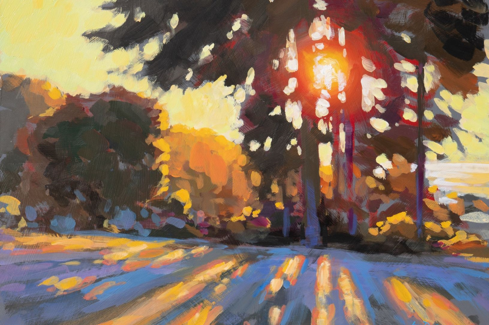 acrylic painting of trees and sunset