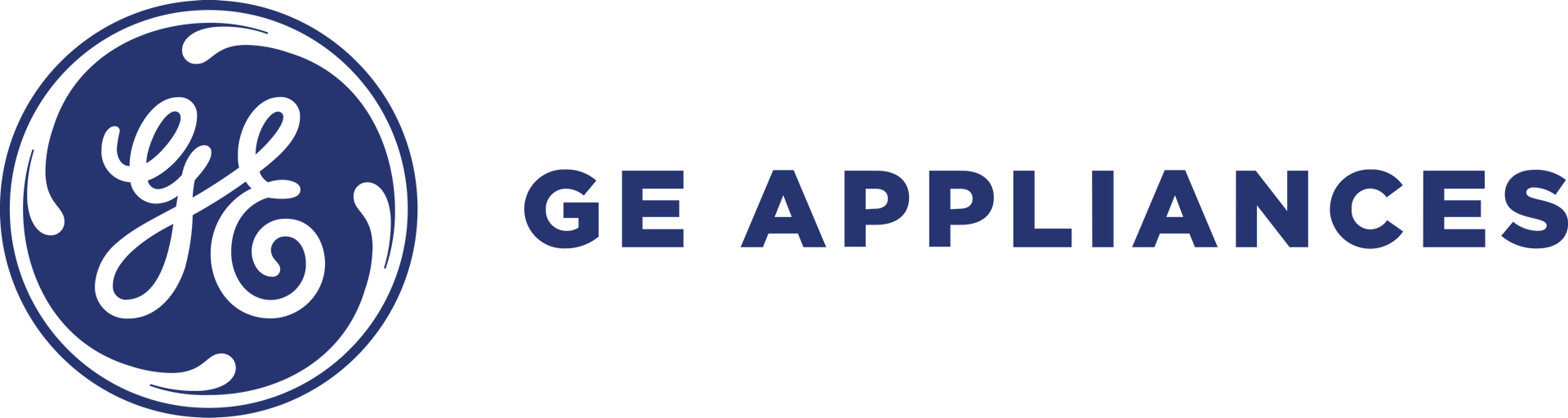 GE Appliances logo with navy blue circular GE emblem and wordmark on white background