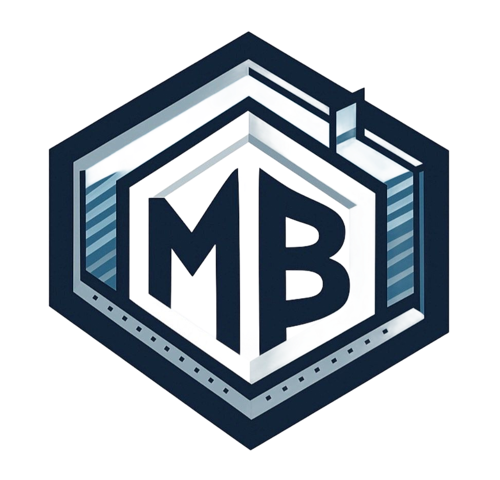 Hexagonal logo with blue and white accents, featuring "MB" initials.