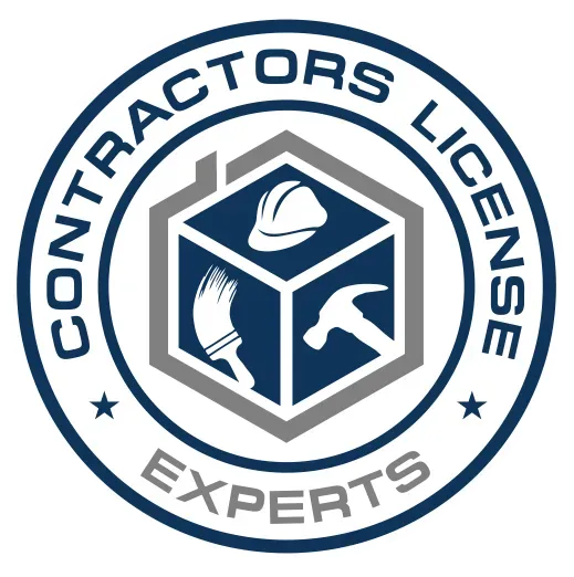 Circular logo for Contractors License Experts featuring a house icon containing a hard hat, paintbrush, and hammer.