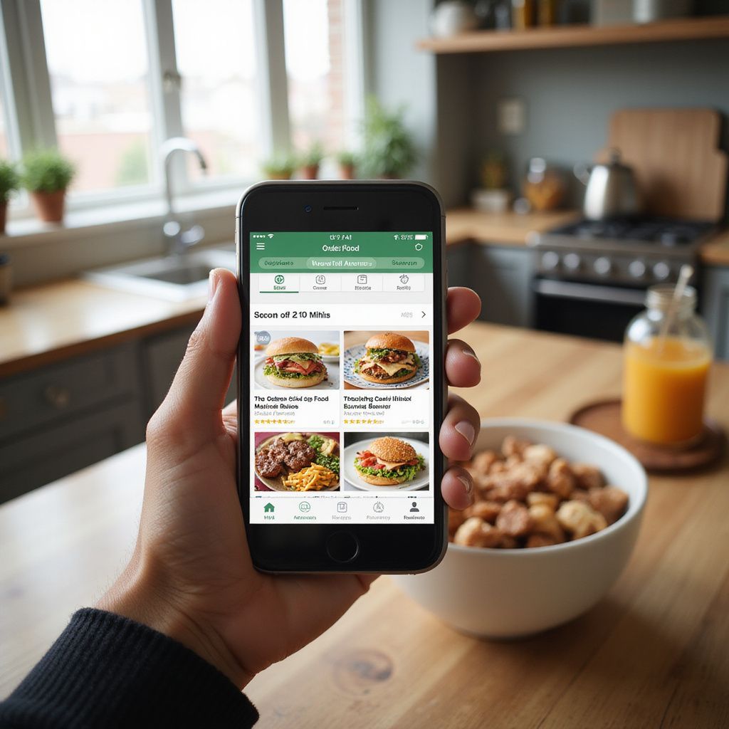 A hand holds a smartphone displaying a food delivery app interface, featuring images of burgers in a kitchen setting.