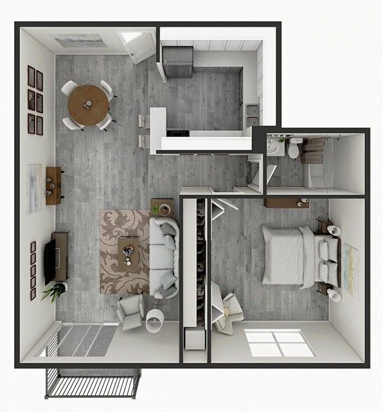 Floor plan rendering of a one-bedroom apartment, with a living room, kitchen, and bathroom.