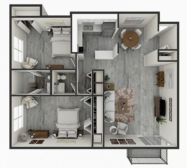 Floor plan: two bedrooms, living room, kitchen, and dining area in neutral tones with furniture layout.