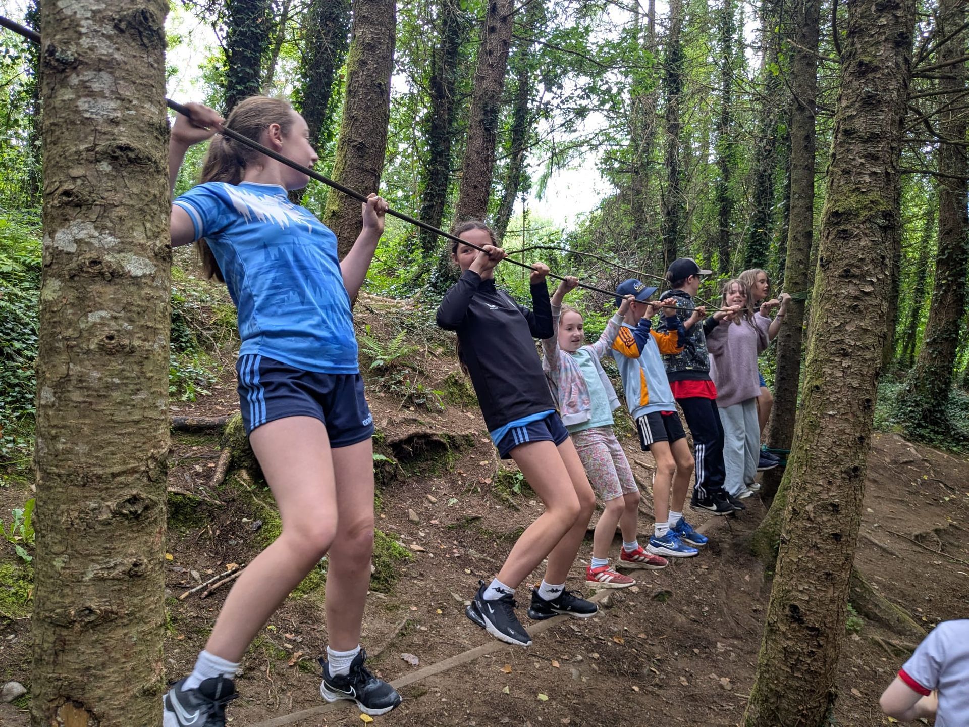 Daoine ag síneadh i bhforaois ar chosán coillteach le linn seisiún aclaíochta grúpa lasmuigh