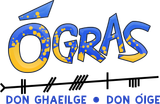 Logo for Ógras with blue and yellow lettering and a line of markings below that says 
