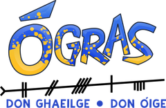 Logo for Ógras with blue and yellow lettering and a line of markings below that says 