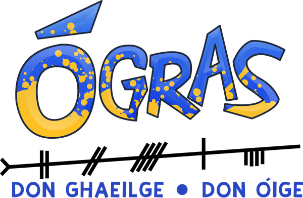 Logo for Ógras with blue and yellow lettering and a line of markings below that says 