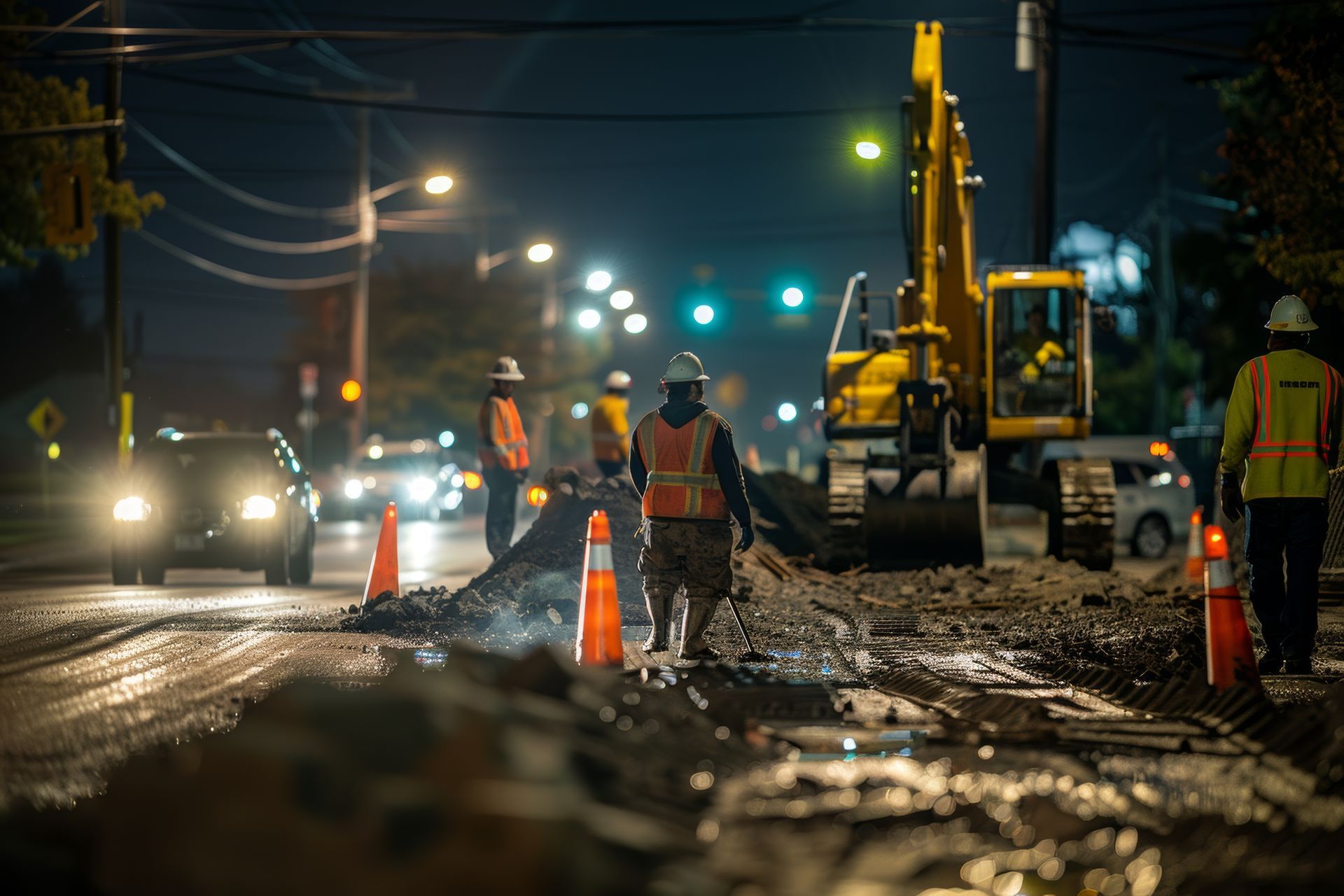 A group of construction workers are working on a street at night.