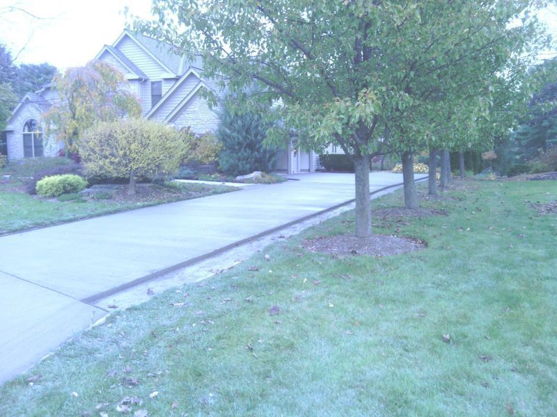 Driveway leading to a large house with trees and grass on either side, overcast day.