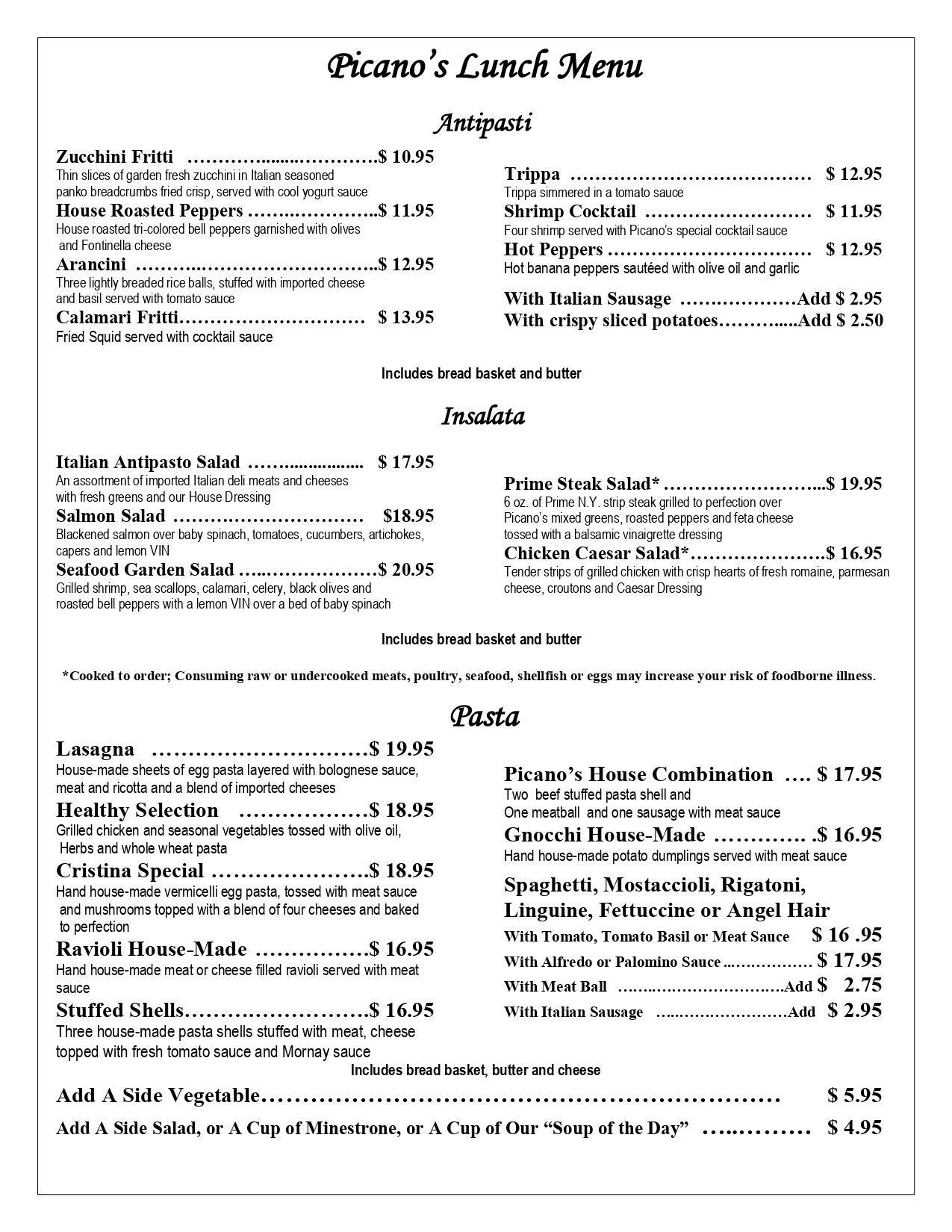 Black-and-white restaurant menu with salads, sandwiches, and pasta sections.