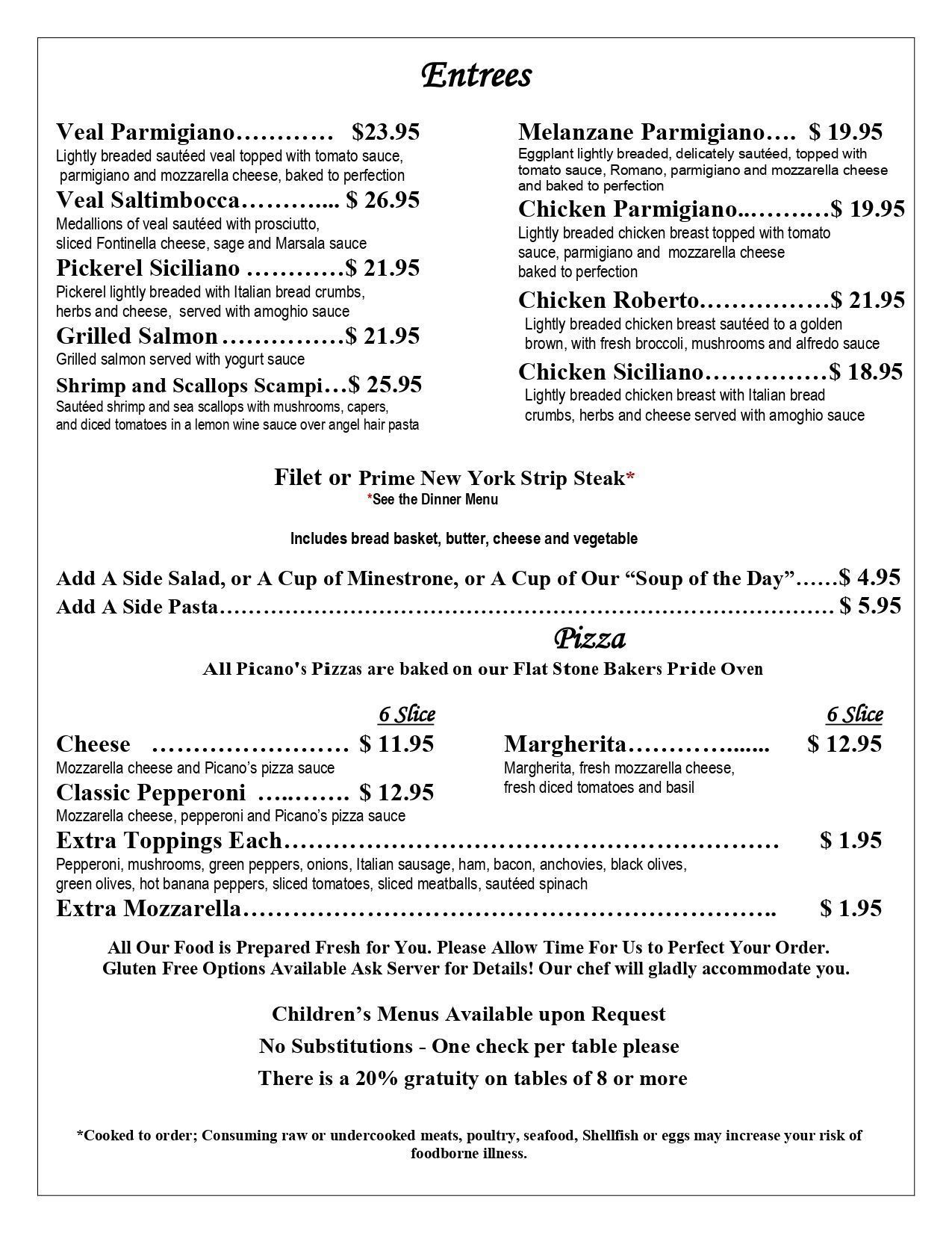 Restaurant menu with sections for entrées and pizzas, listing dishes and prices on a white page