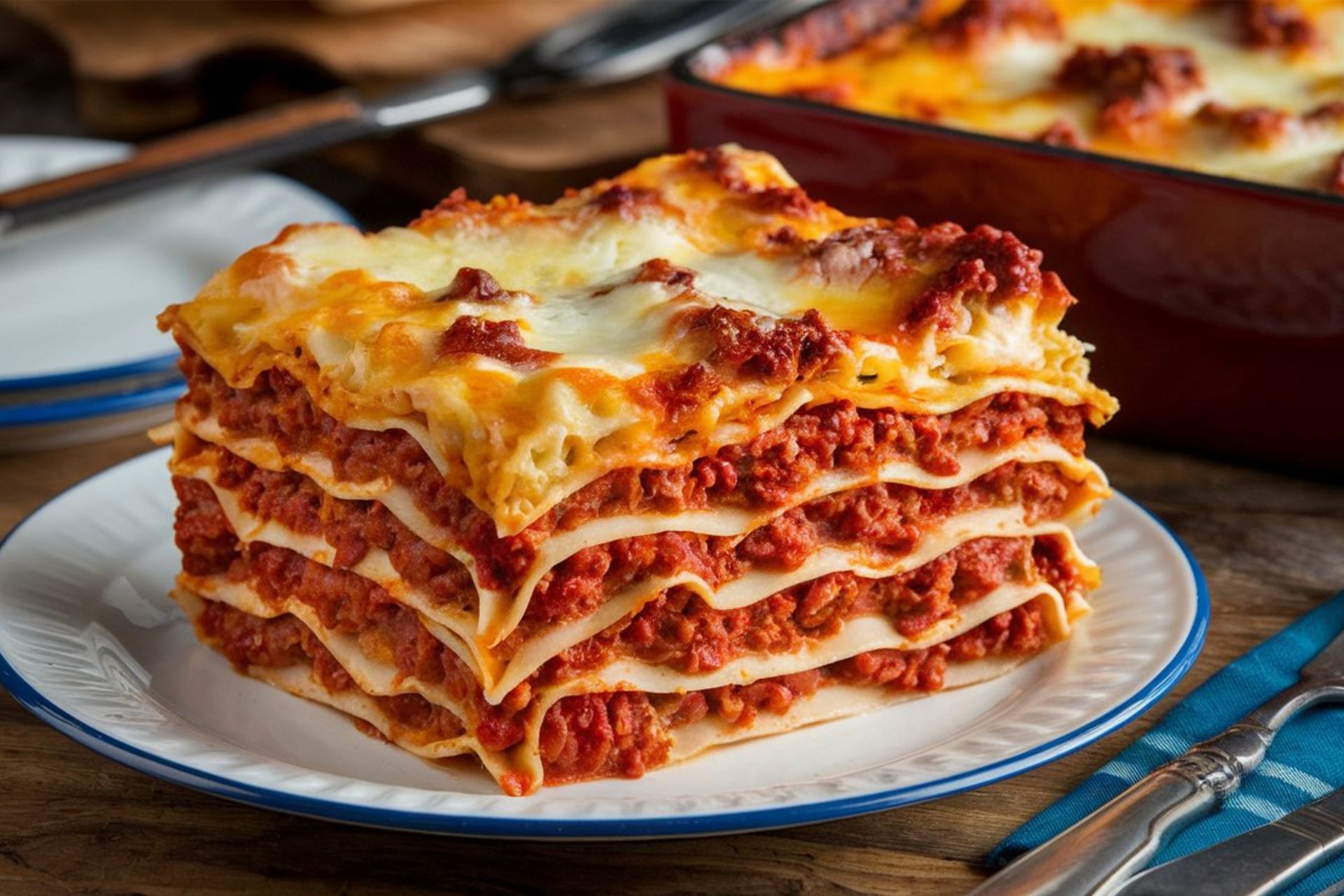 A square slice of lasagna on a white plate, with a browned cheese top and layered meat sauce.