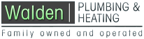 Logo: Walden Plumbing & Heating. Green text on gray rectangle. Family owned and operated.