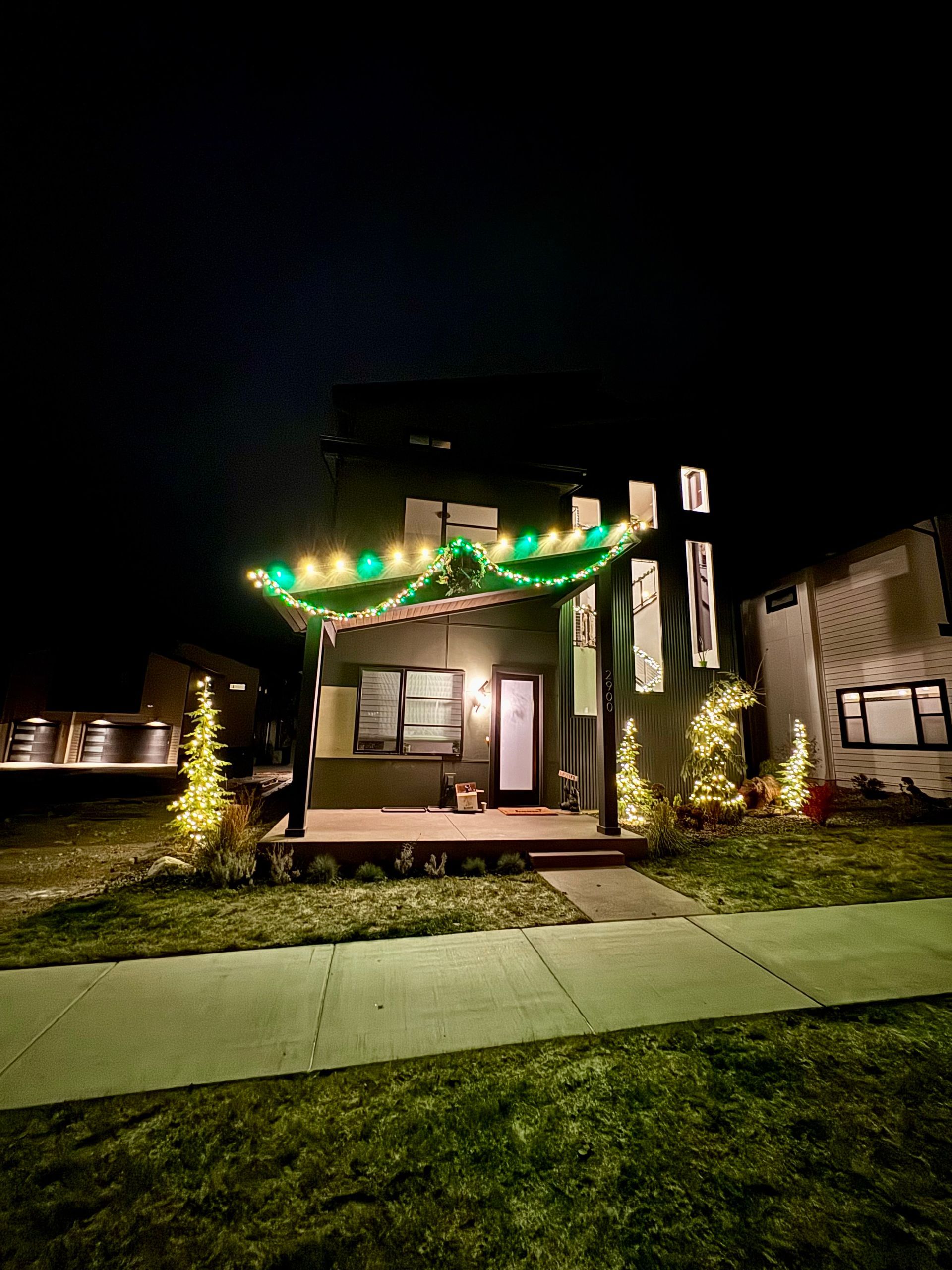 A house decorated with christmas lights and trees at night.