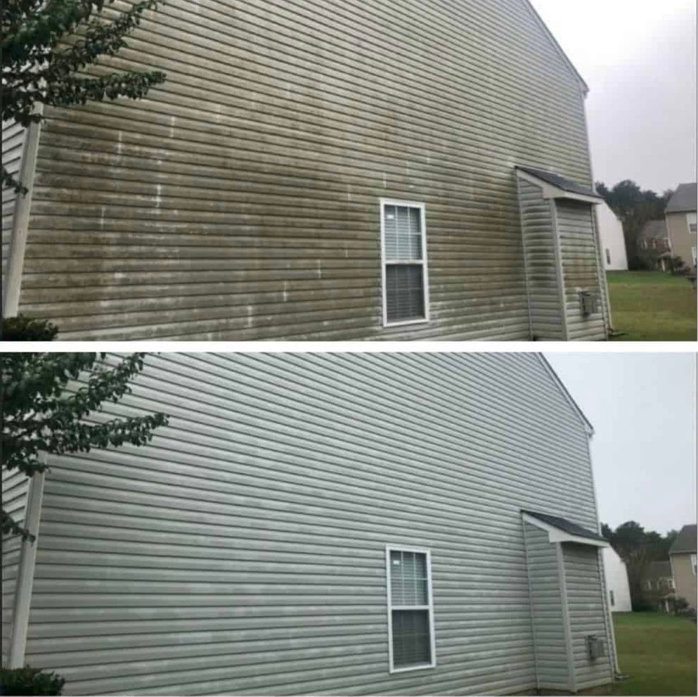 A before and after picture of a house 's siding being cleaned.