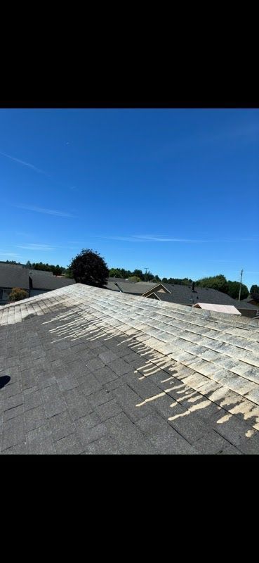 A roof with a blue sky in the background