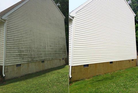 A before and after picture of a house 's siding being cleaned.