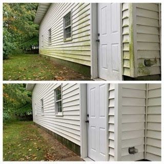 A before and after picture of a house with green algae on the siding.