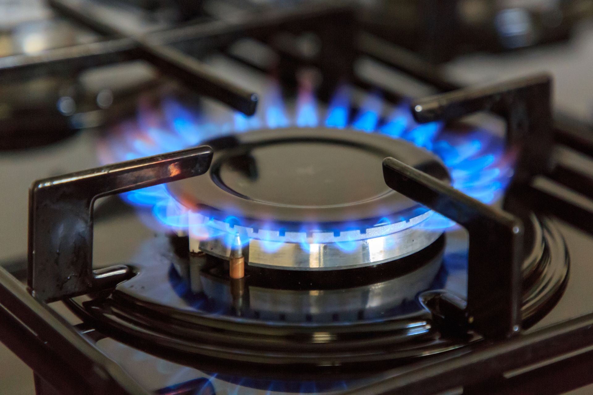 Blue flames erupting from a black gas stove burner.