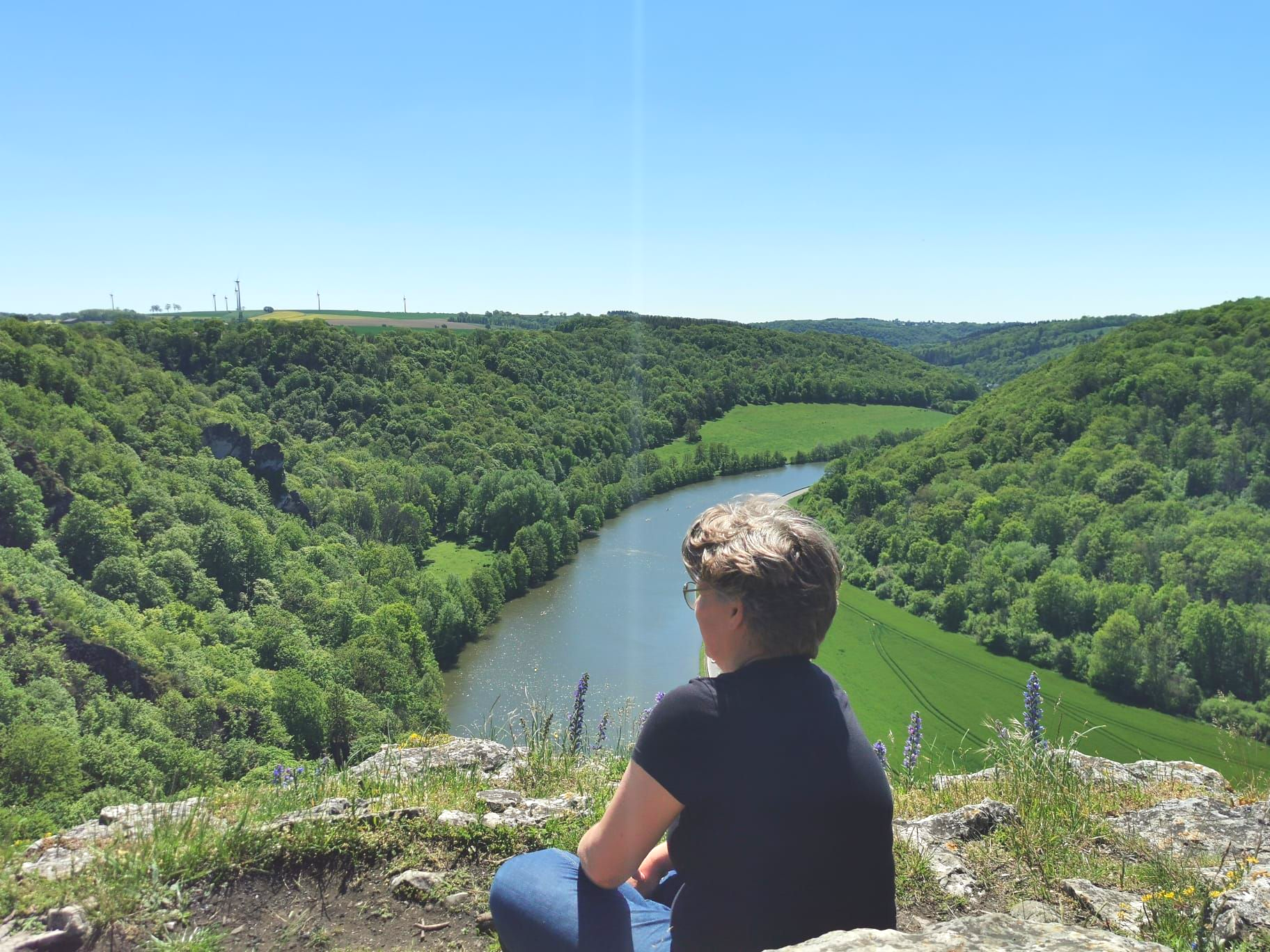 Een persoon zit met uitzicht op een rivier die door een groene, beboste vallei kronkelt onder een helderblauwe hemel.
