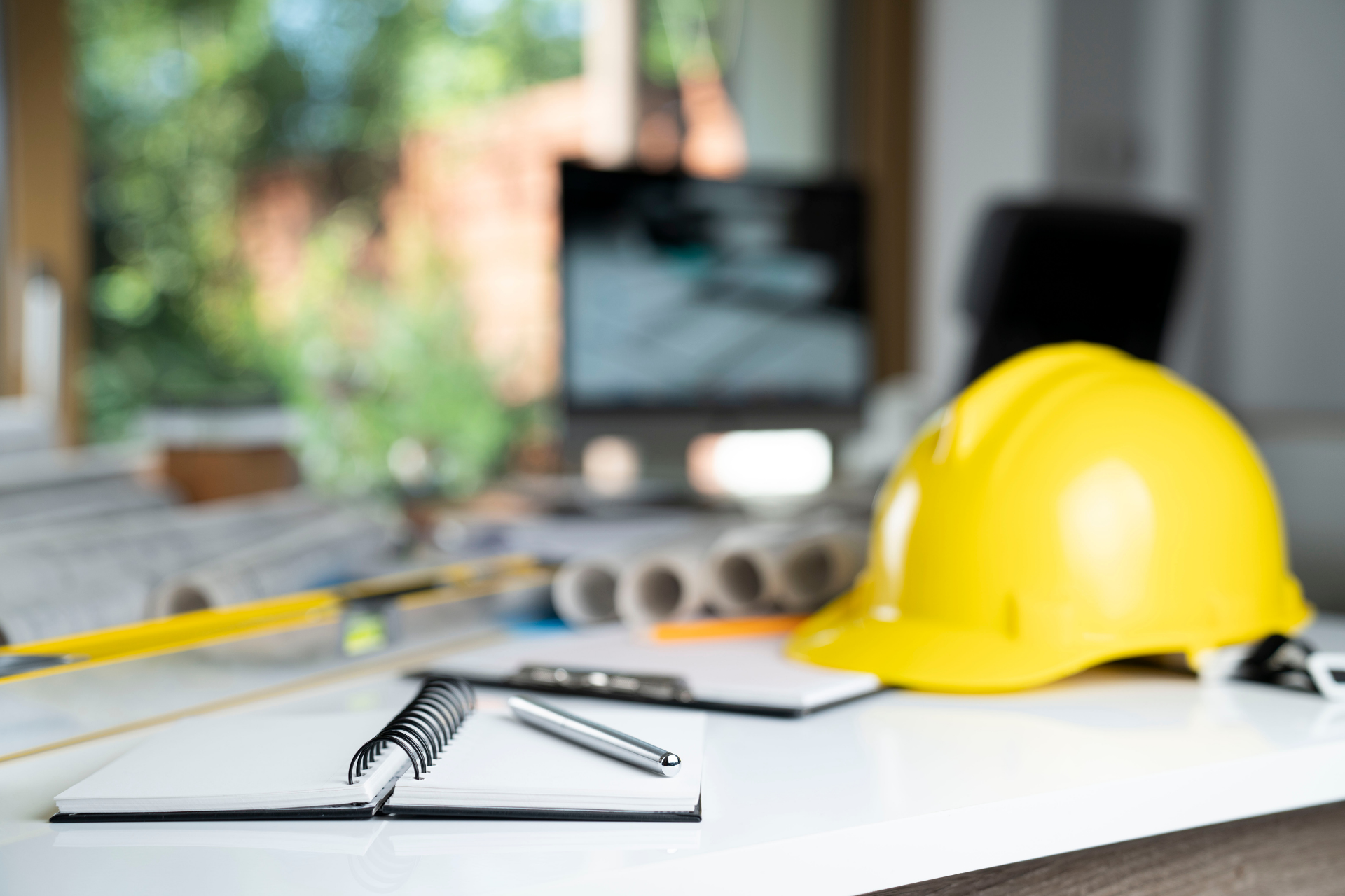 Yellow hard hat and construction tools on a table with a blurred worksite in the background