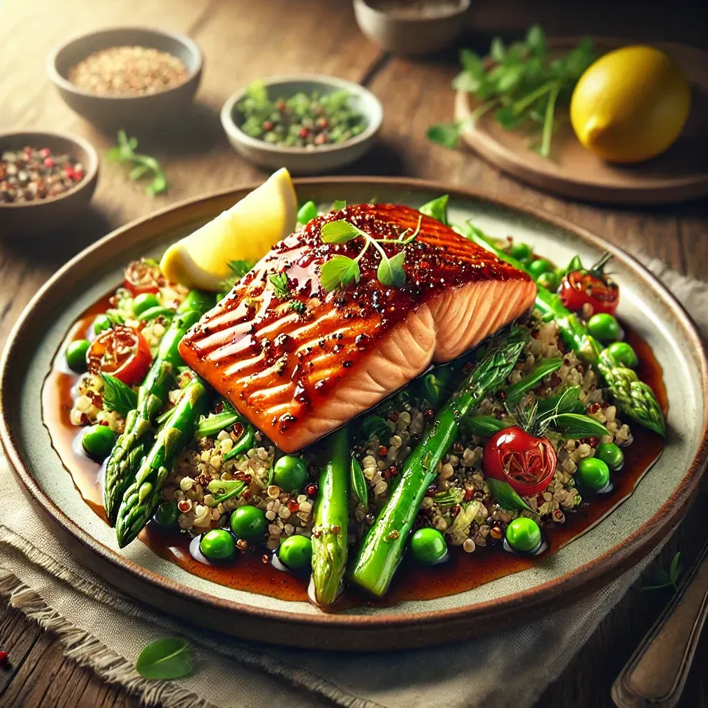 Harissa honey salmon, spring vegetable quinoa, healthy salmon recipe, May healthy recipe, trendy spr