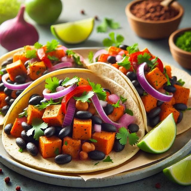 Renew Weight Loss and Med Spa's Sweet Potato and Black Bean Tacos, featuring roasted sweet potatoes, black beans, fresh vegetables, and warm tortillas in a modern kitchen setting.