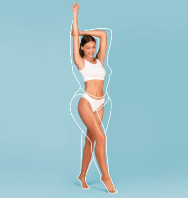 a woman showing her weight loss results in front of a blue background