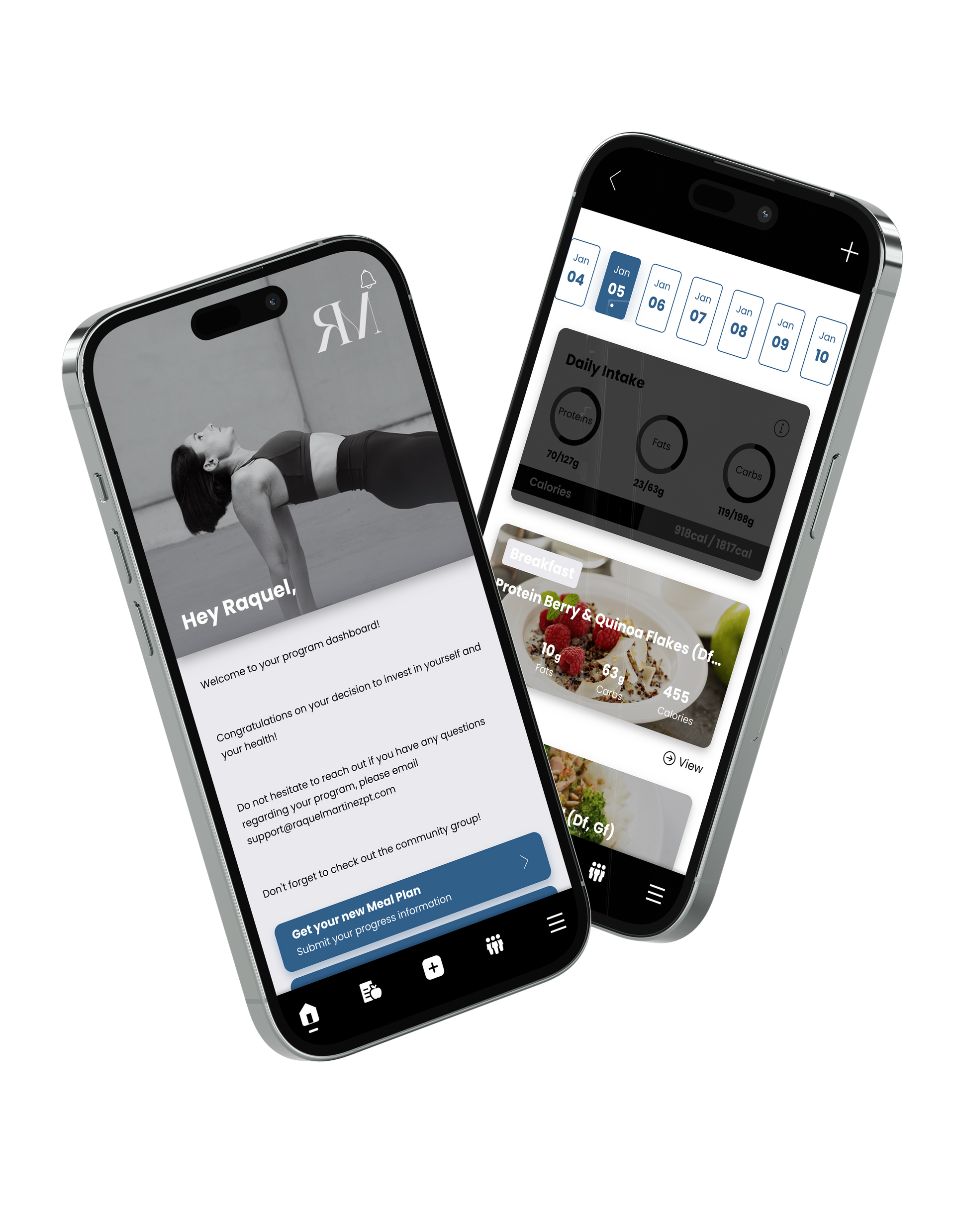 Two smartphone mockups with blank screens, tilted against each other, ready for app images.