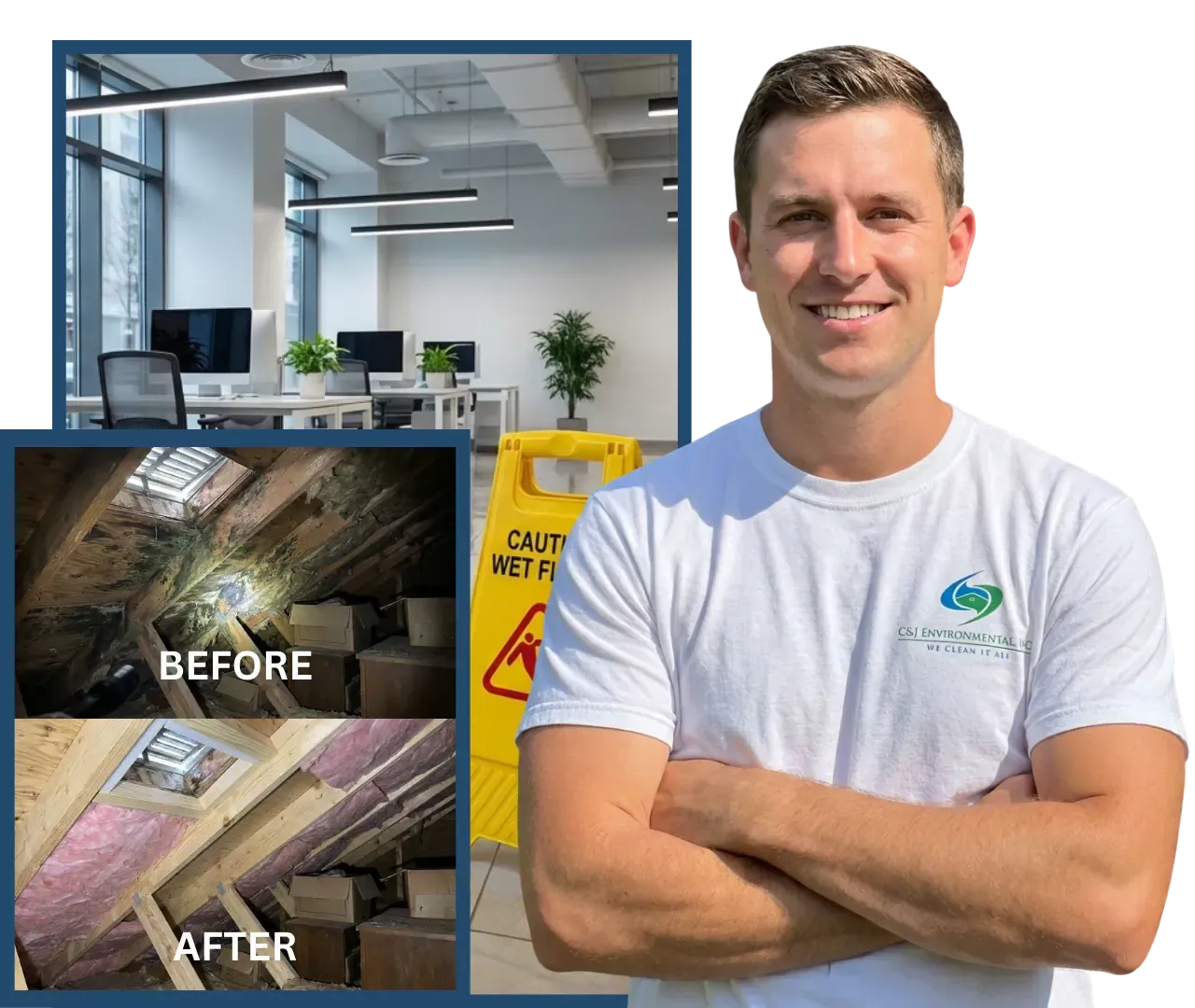 Smiling carpenter with house and interior remodeling examples.