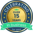 A seal that says celebrating over 15 years in business