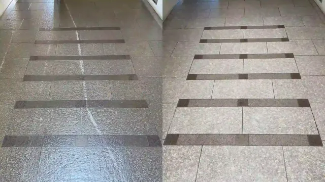 A before and after photo of a tiled floor in a hallway.