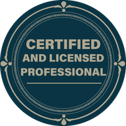 A blue circle with the words certified and licensed professional on it