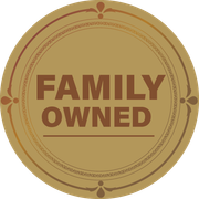 A brown circle with the words family owned on it