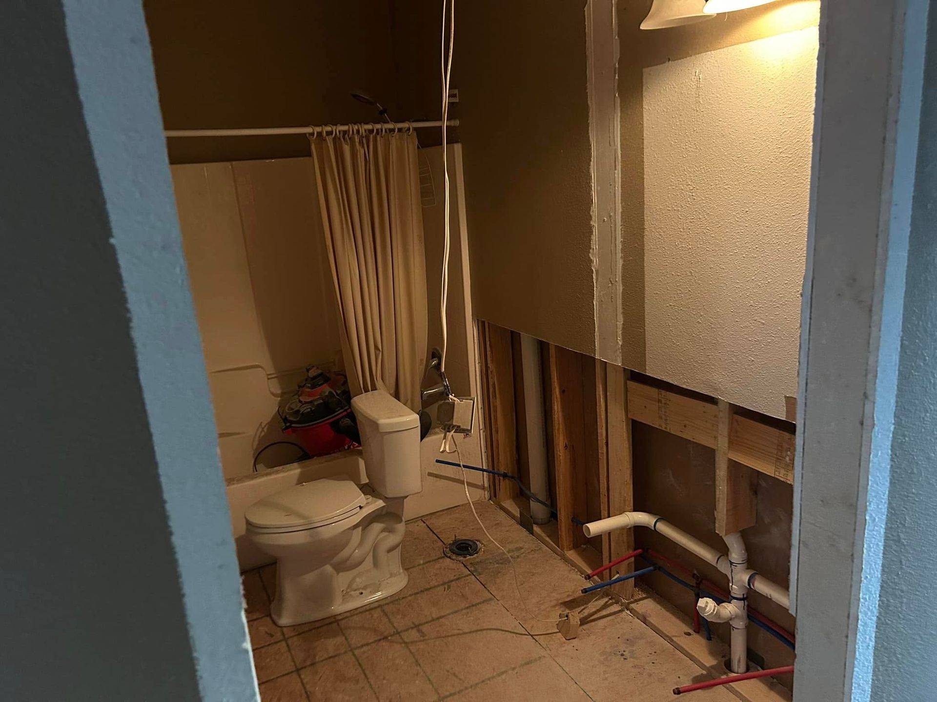 Bathroom under renovation: toilet, shower with curtain, exposed wall studs, and plumbing visible.