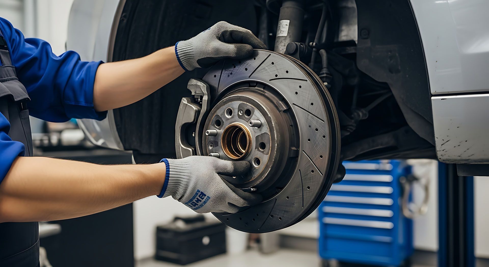 Mechanic installing a new performance brake rotor at a professional auto brake shop.
