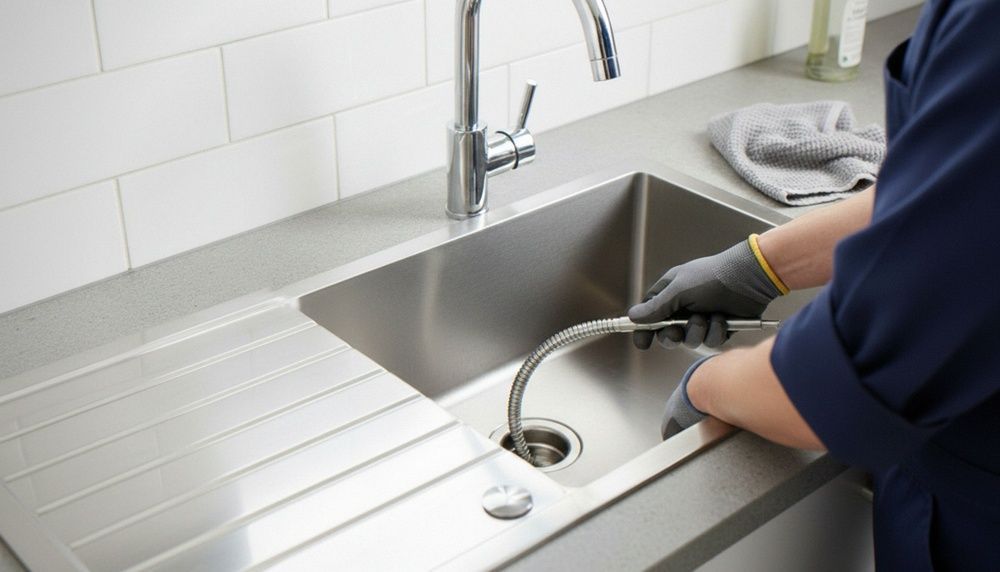 Person using a plunger to unclog a stainless steel kitchen sink.