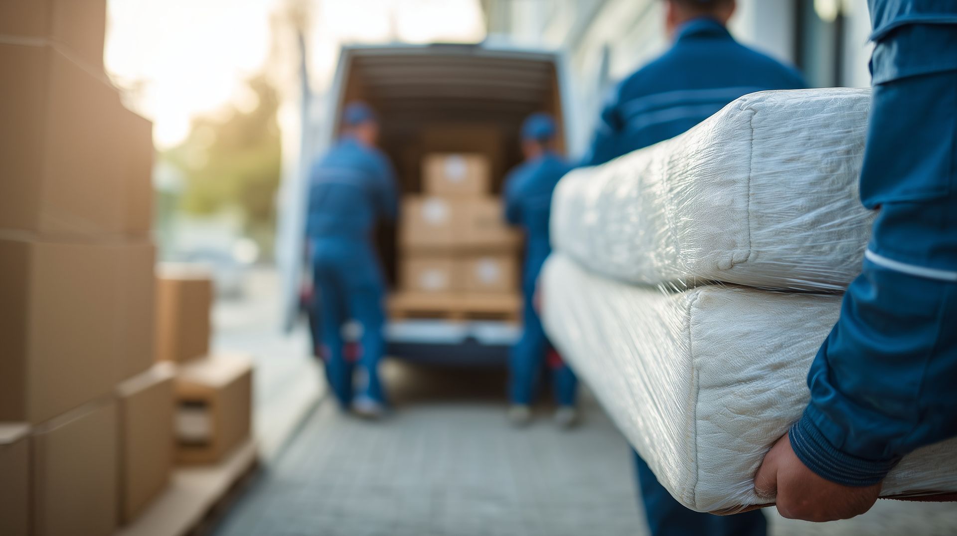 Professional movers loading household goods into a truck during relocation.