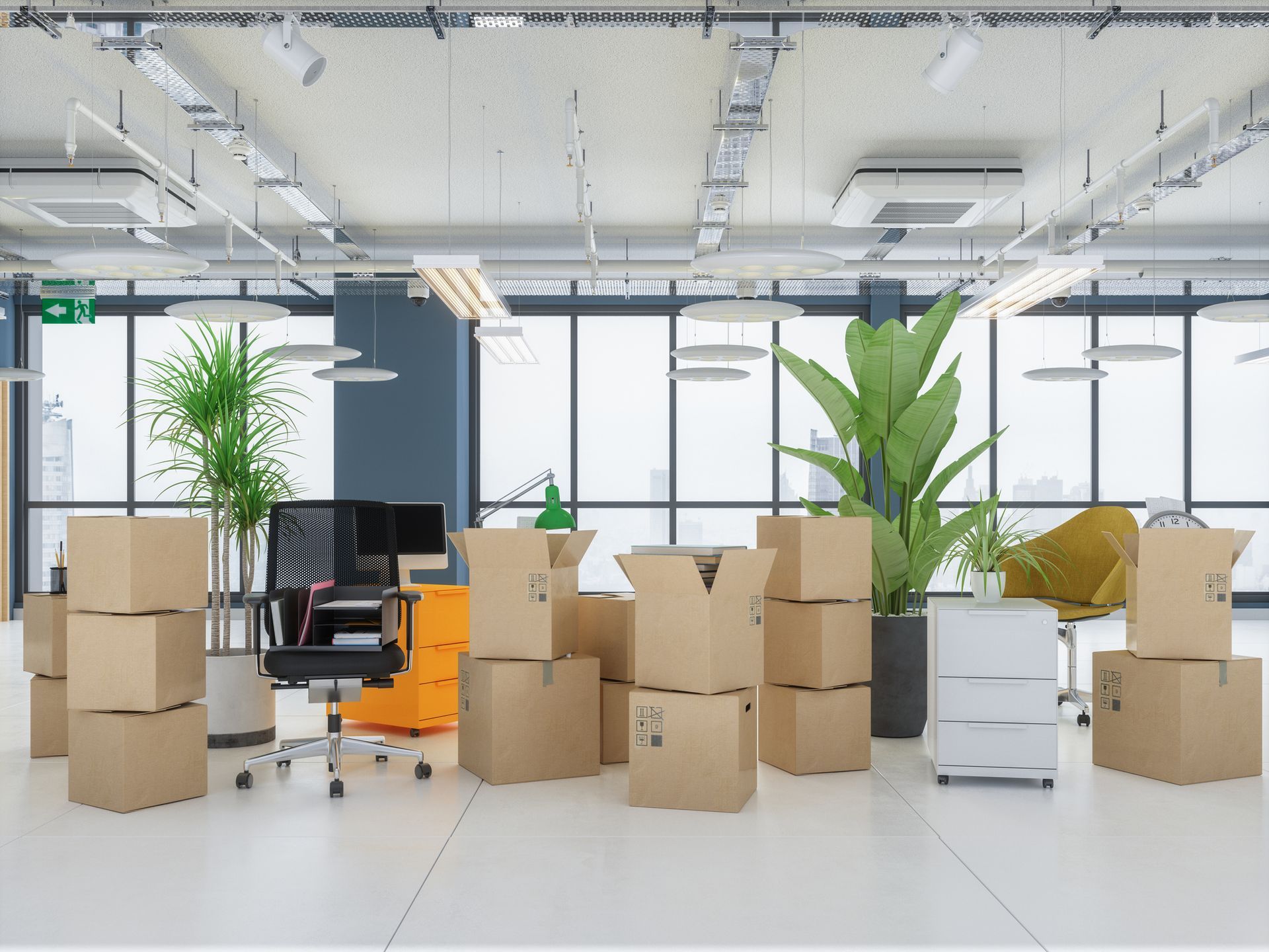 Office interior with cardboard boxes, plants, desk, and chair.
