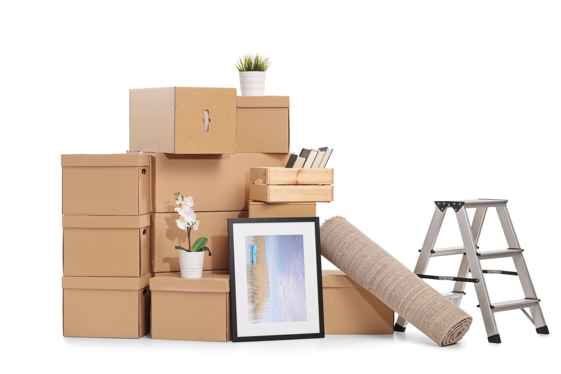 Moving boxes, framed art, rolled rug, step ladder, and plants against a white background.