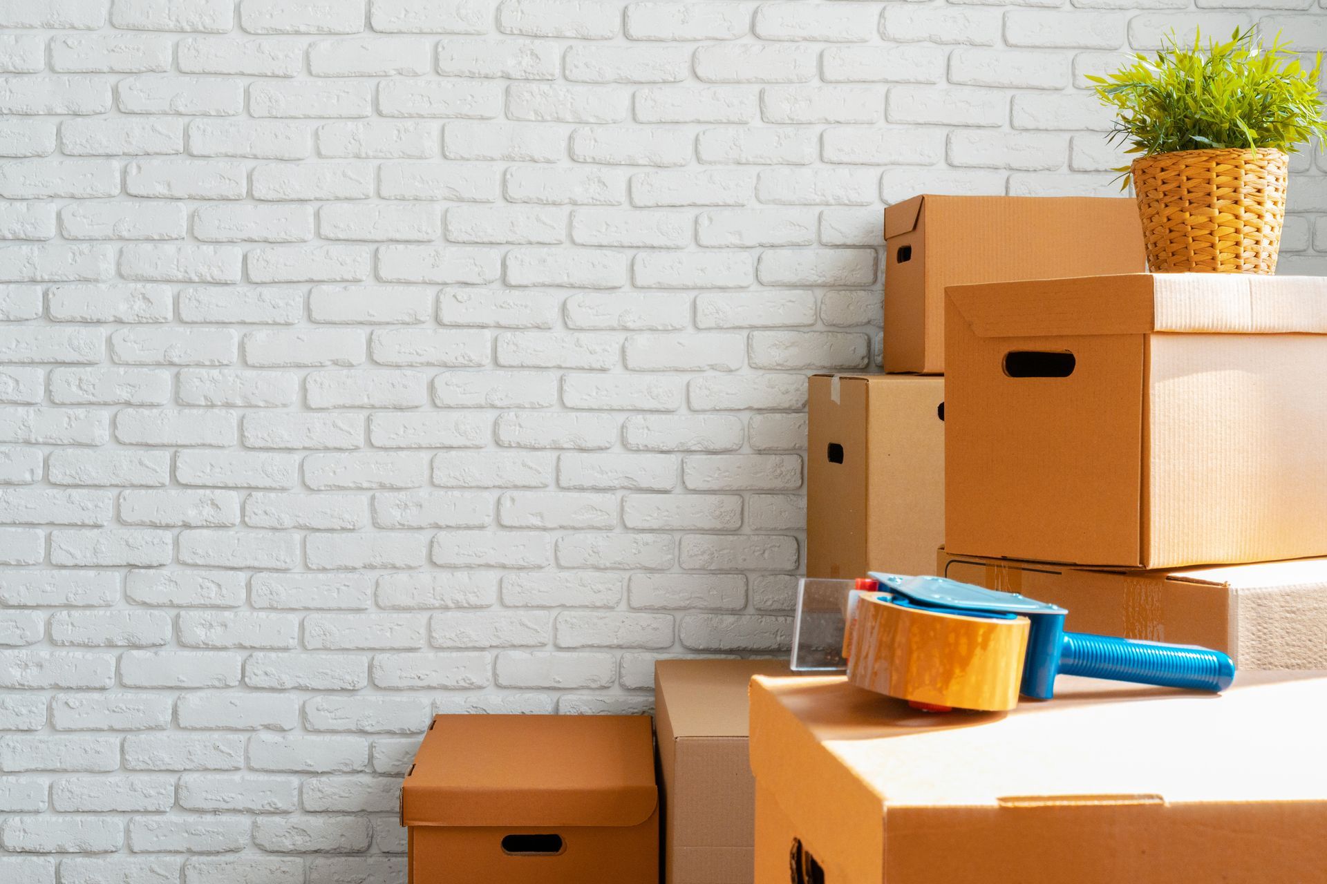 Cardboard moving boxes stacked by a white brick wall, with a tape dispenser and potted plant.