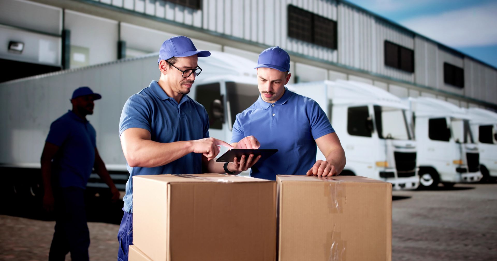 Workers in blue uniforms review tablet next to boxes near delivery trucks.