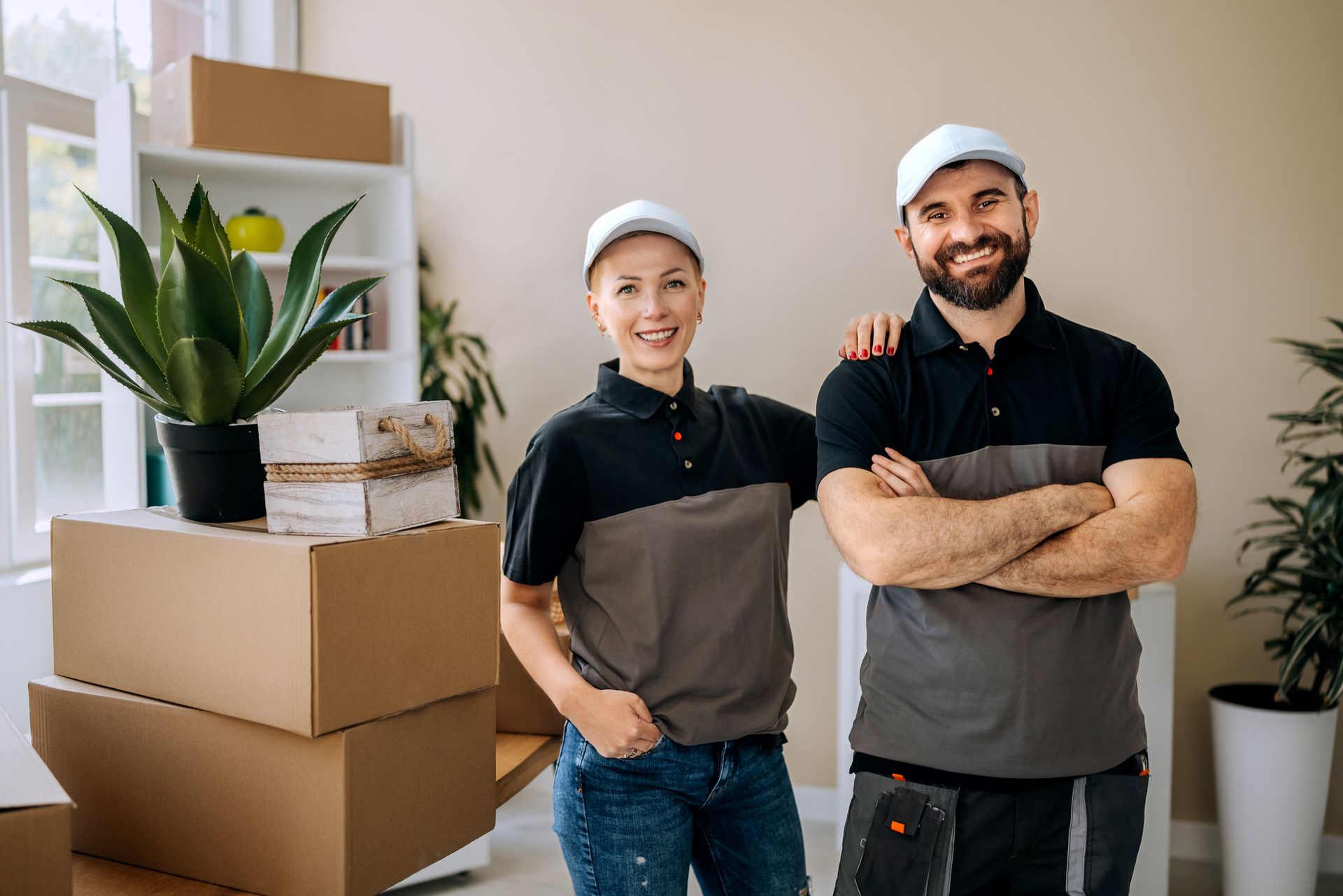 Two movers in matching uniforms smile next to moving boxes and a houseplant.