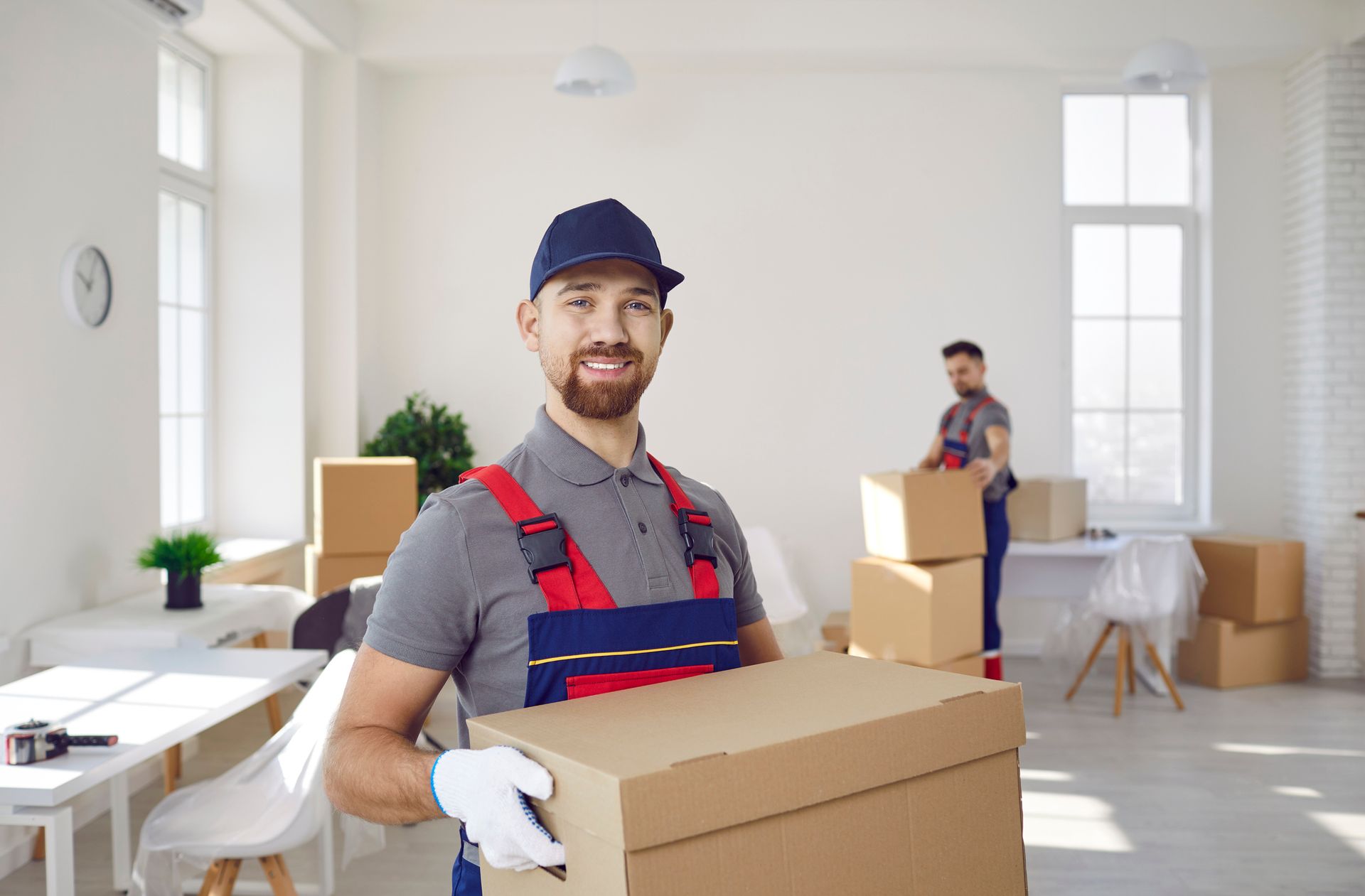 Smiling worker holding a box, inside a room, another worker in background packing boxes.
