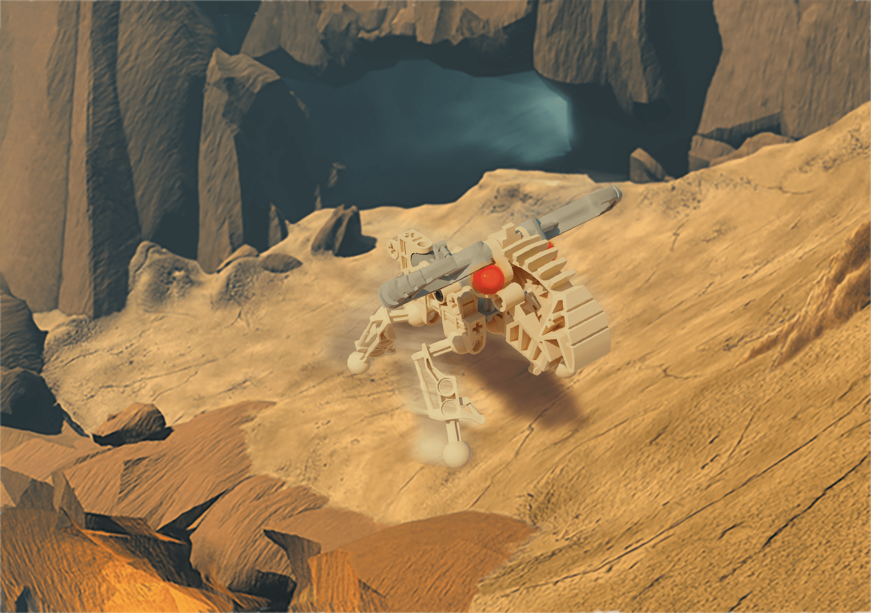 A Robot cow is running over a rocky area