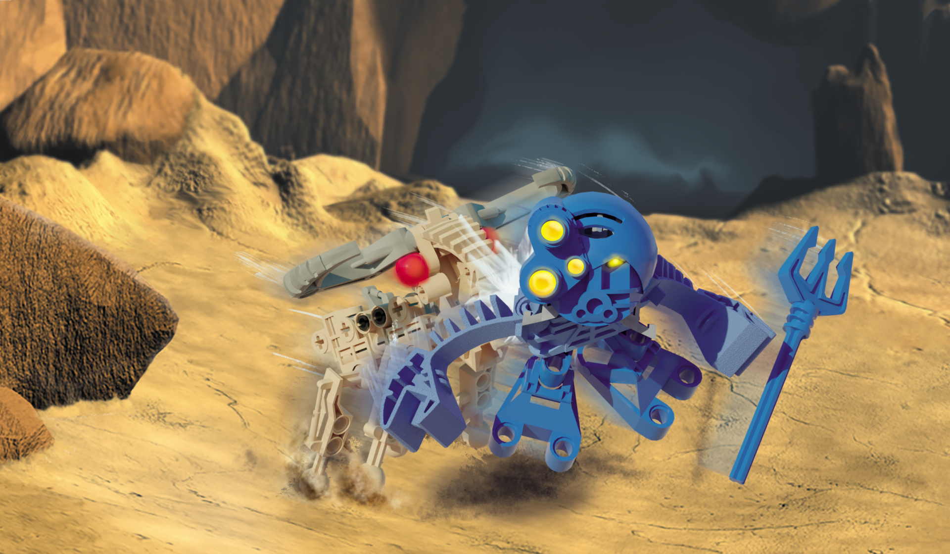 A blue robot with a trident is standing in the sand.