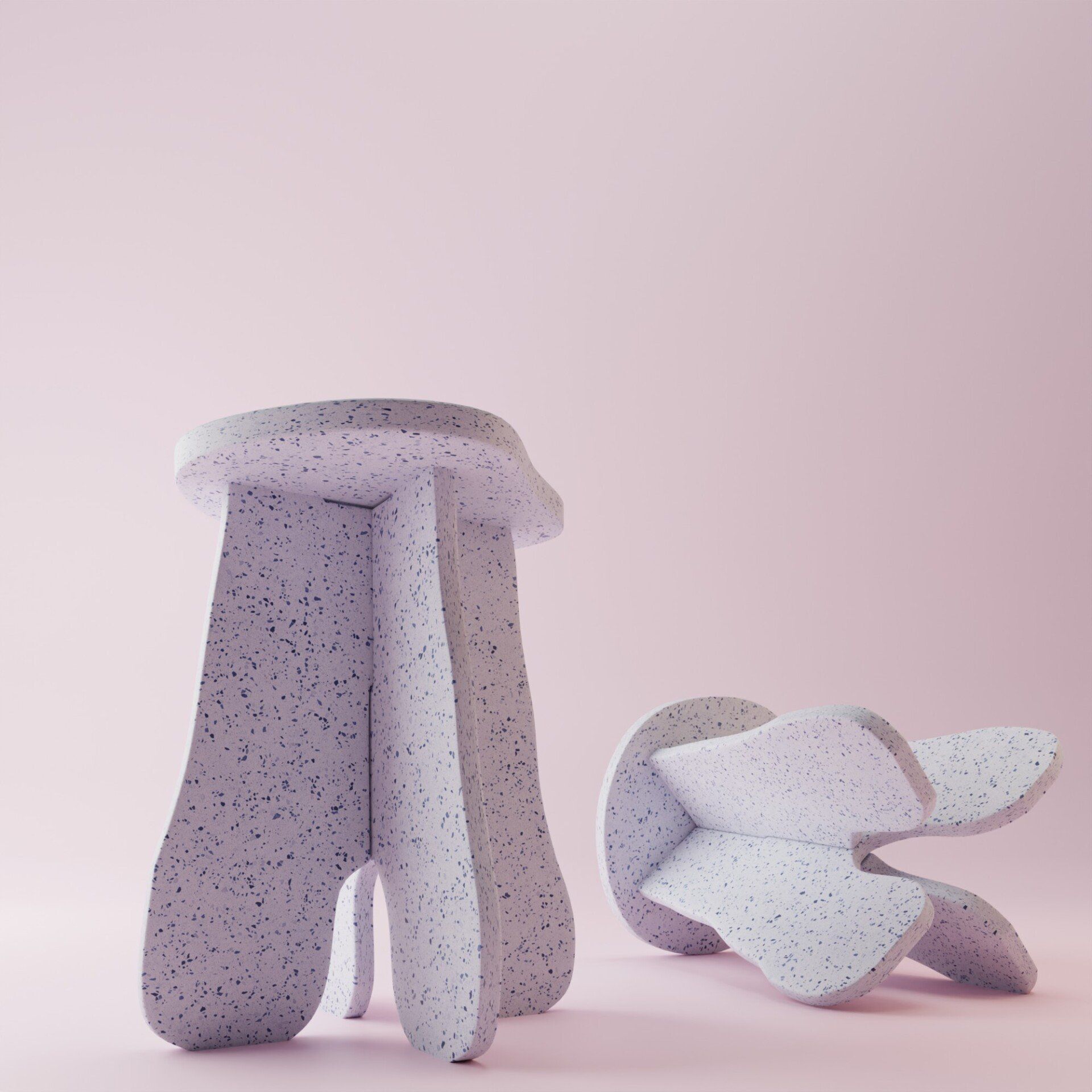 A stool and a chair are sitting on a pink surface.