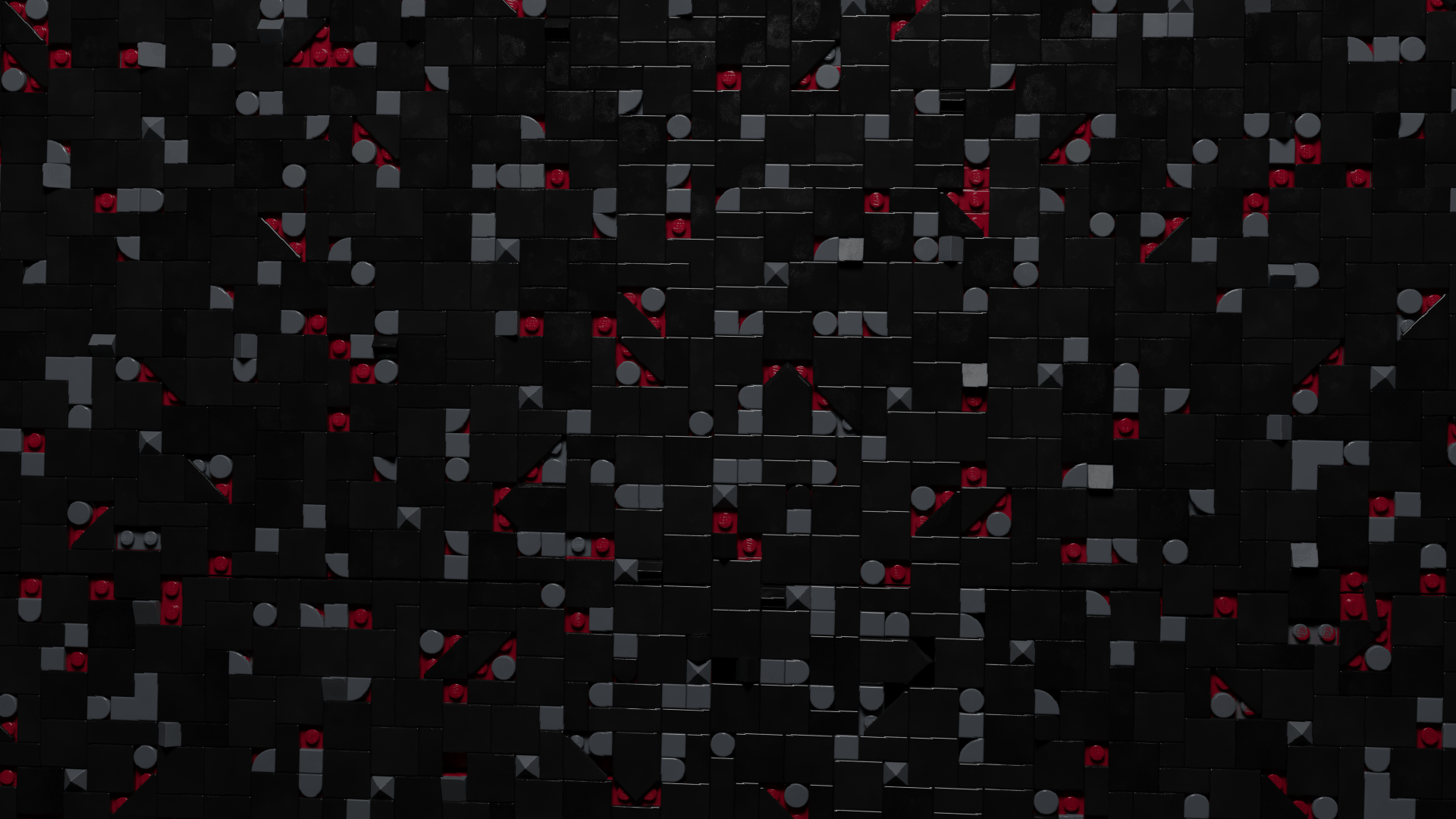 A black Lego background with red, and grey parts