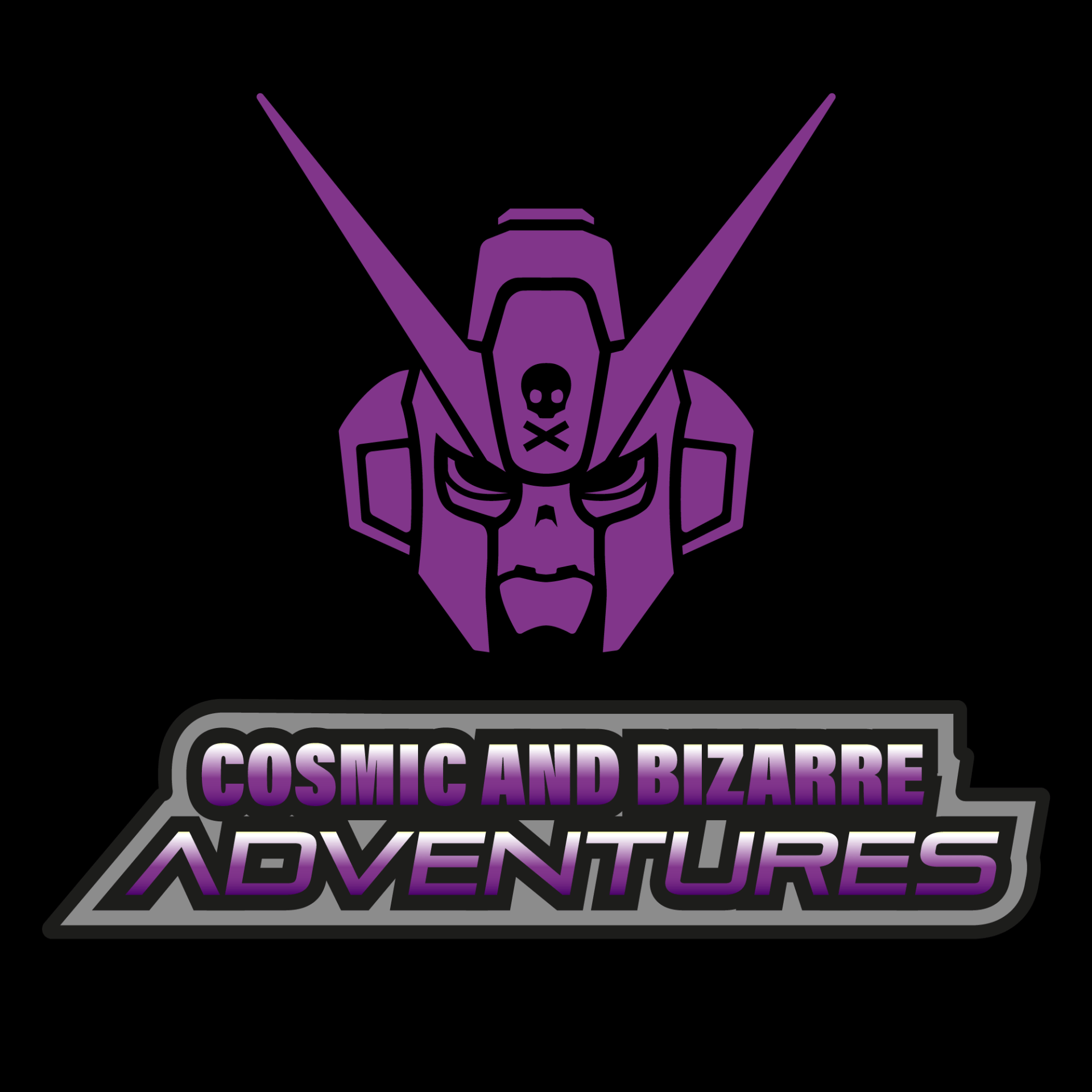 The logo for cosmic and bizarre adventures shows a robot head with a skull and crossbones on it.